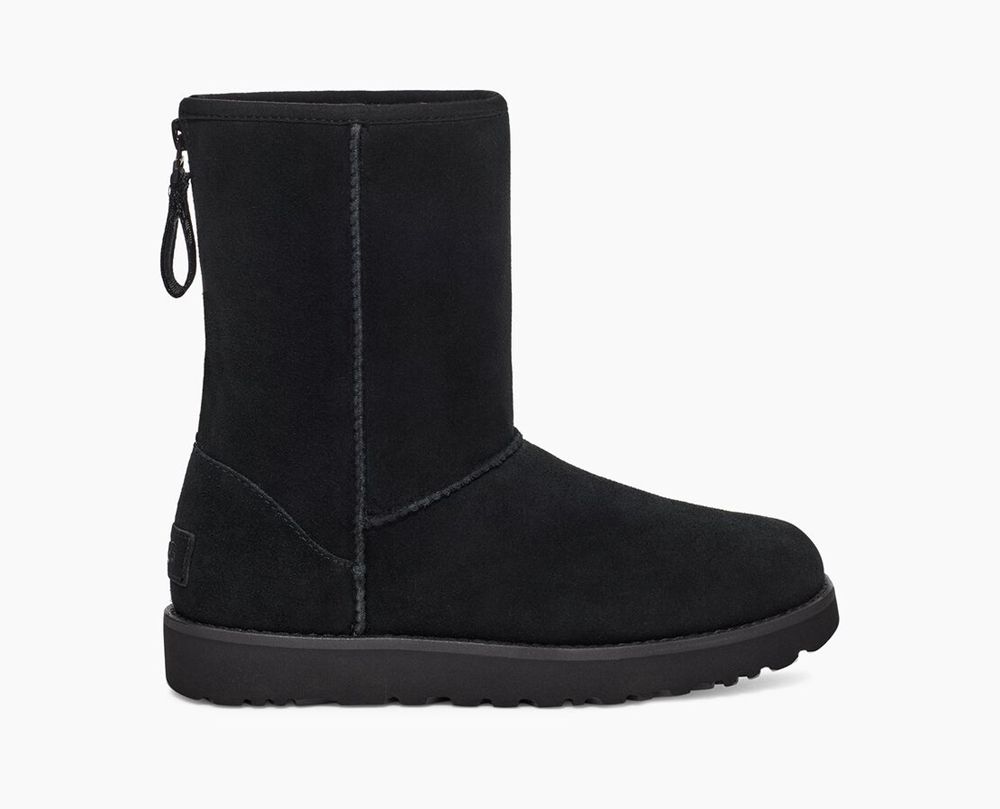 Ugg Short Boot Womens - Ugg Classic Logo Zip Black - 059RBLKTS